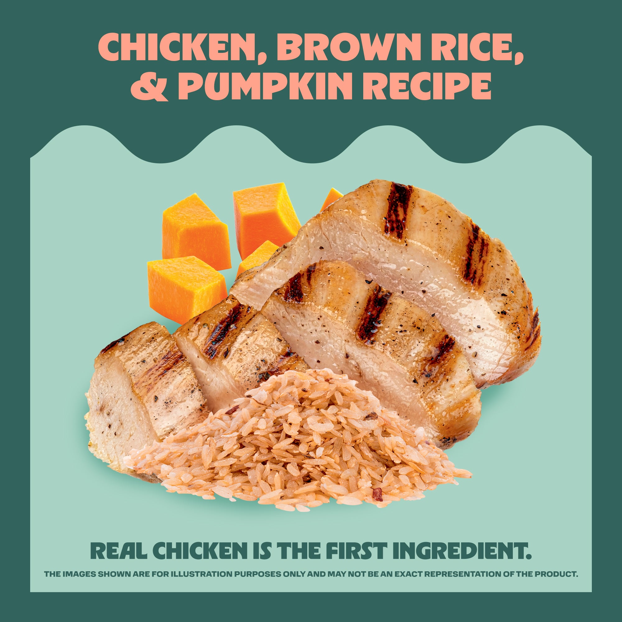 Grilled chicken, brown rice, and pumpkin on a light blue background with text about the recipe.
