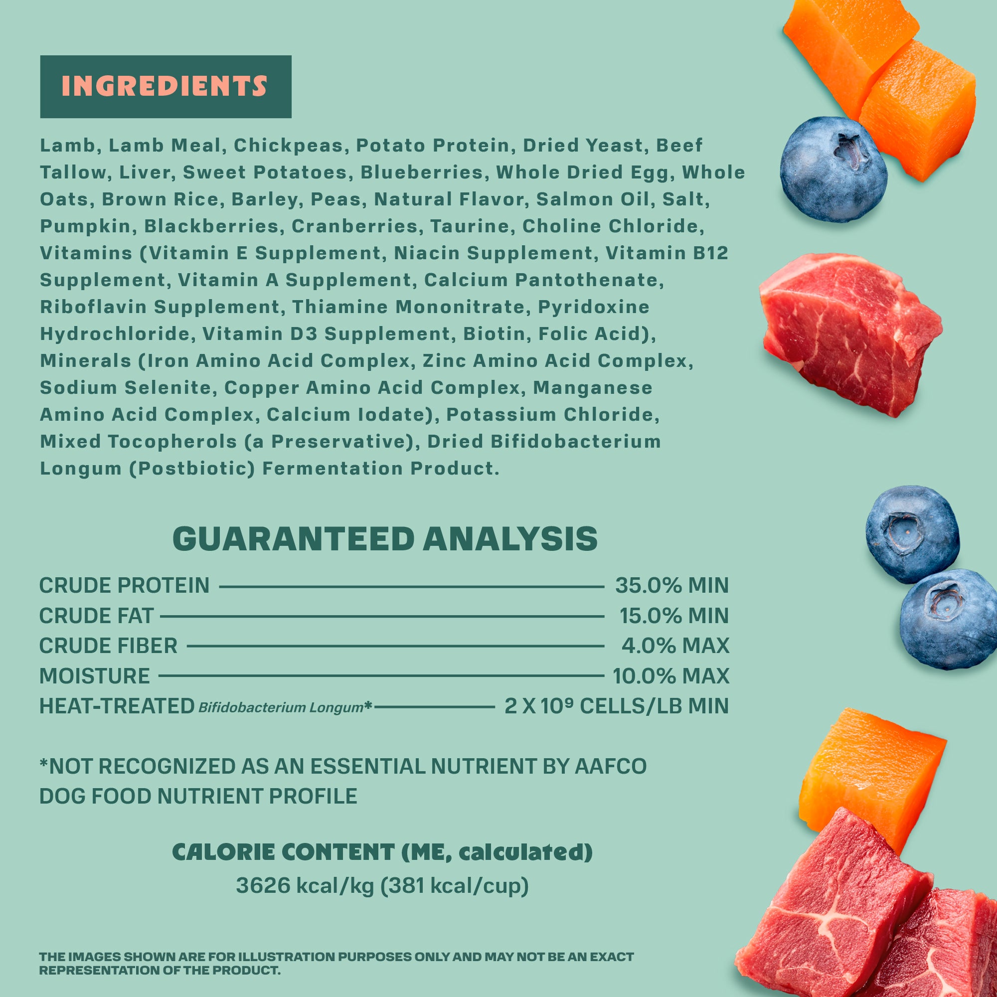 Dog food ingredient list with images of meat, vegetables, and berries on a light green background.